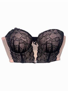 Betsey Johnson Lace Longline Strapless Bustier Bra Black Pink 34B